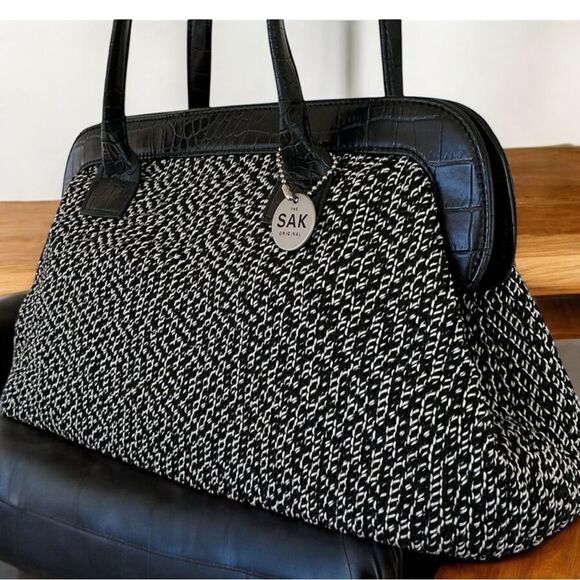 The Sak Crocheted Tweed Leather Satchel Handbag Shoulder Bag Purse - Picture 1 of 9